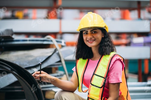 Preview: Portrait of happy industrial worker looking camera at factory machines.