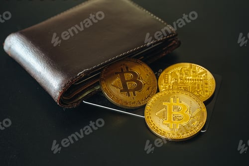 Preview: Golden bitcoin coin spilling form brown leather wallet with credit card on black background. Pay wit
