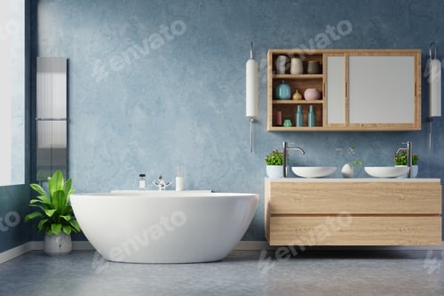 Preview: Modern Bathroom interior design on dark blue wall.
