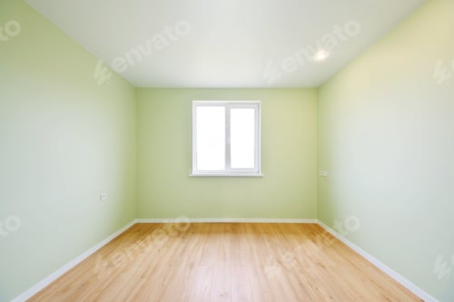 Preview: Bright green and white room with wooden floor.
