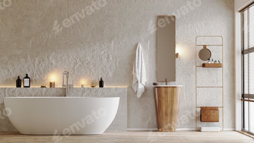 Preview: modern bathroom interior with tub and wooden stand sink, mirror, bath accessories, 3d rendering