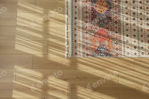Preview: Sunlight casting shadows on a colorful rug in a bright room