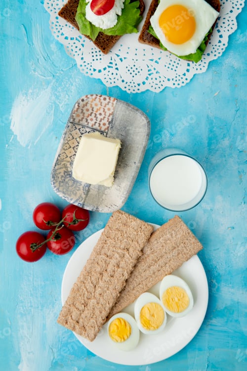 Preview: top view of plate of crispbreads and eggs with butter, tomatoes, milk on blue background