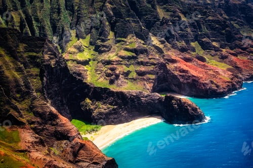 Preview: Aerial landscape view of Honopu Arch at Na Pali coastline, Kauai