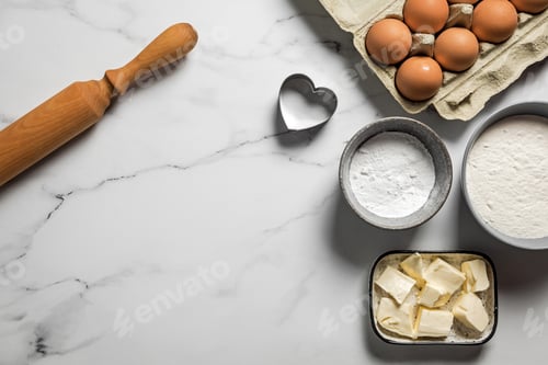 Preview: Ingredients and utensils for baking shortbread cookies on marble background