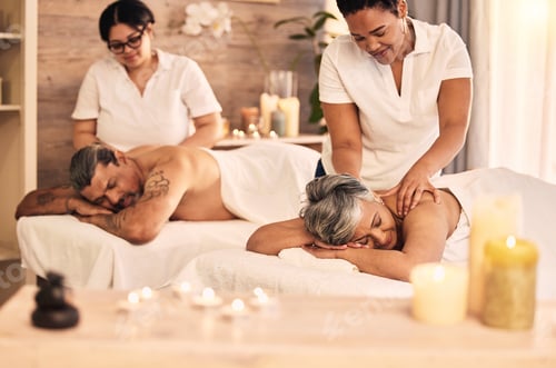 Preview: Massage, senior and a couple at the spa for their anniversary to relax together for peace, wellness