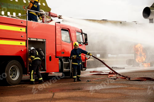 Preview: Firemen training, spraying water from fire engine at mock airplane engine