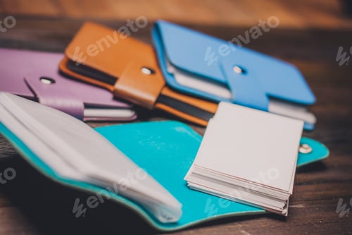 Preview: multicolored business card holders card storage accessoire finance wood background