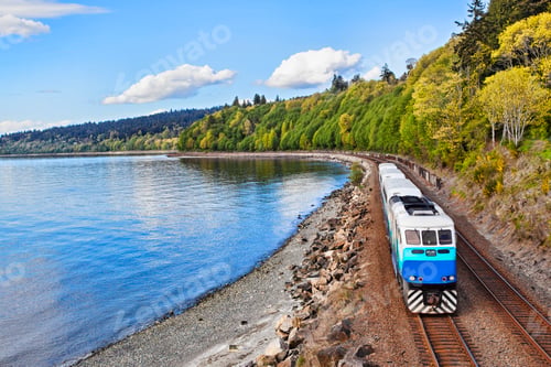 Preview: 55292,Commuter train on tracks at waterfront