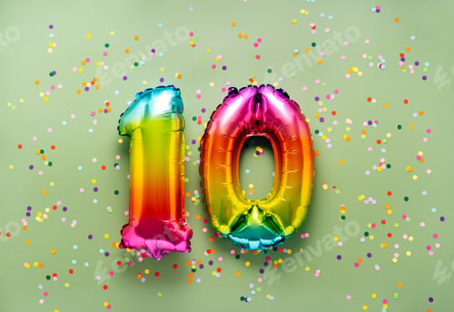 Preview: Colorful balloon number 10 on light green background