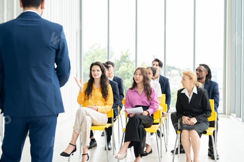Preview: Businesspeople meeting and workshop seminar, business training, and coaching from executive speaker.