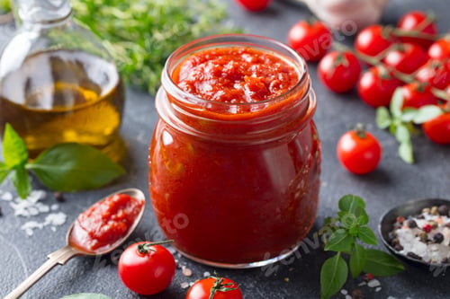 Preview: Traditional Tomato Sauce in a Glass Jar with Fresh Herbs, Tomatoes and Olive Oil. Slate Background.