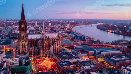 Preview: Cologne Germany Christmas market, aerial drone view over Cologne rhine river Germany