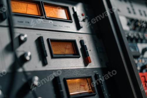 Preview: old displays of professional analog vu meters in a recording studio measuring and showing decibels