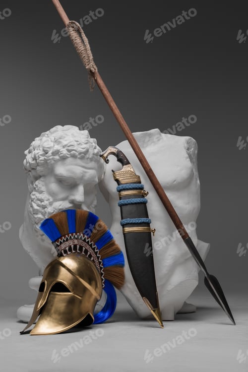Preview: Weapons of greek soldier and marble bust with body
