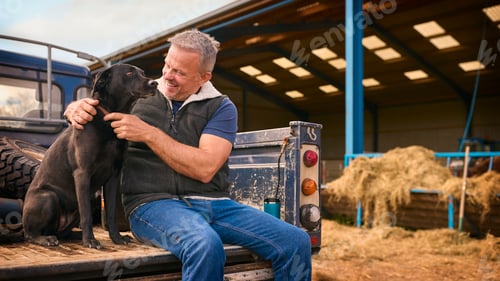 Preview: Mature Male Farm Worker Sitting On Tailgate Of Off Road Farm Vehicle With Dog