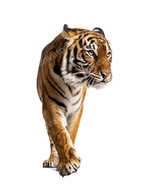 Preview: Front view of a tiger walking, big cat, isolated on white