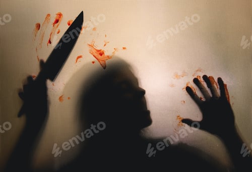 Preview: Woman killer with a knife in her hand and blood. Creepy background