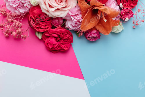 Preview: Flowers on pink background. Valentines day background. Mothers day