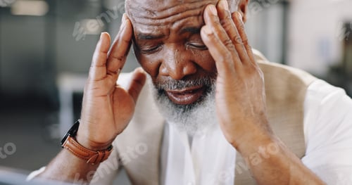 Preview: Senior african businessman, headache and office with stress, tired and mental health at finance job