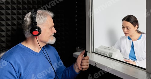 Preview: Audiological exam. Audiologist doing hearing check-up to senior man in soundproof audiometric booth.