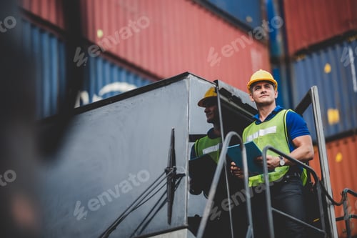 Preview: foreman or engineer work in container shipping industry warehouse, logistic transport delivery