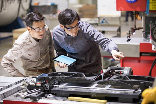 Preview: Confident engineers talking in the factory