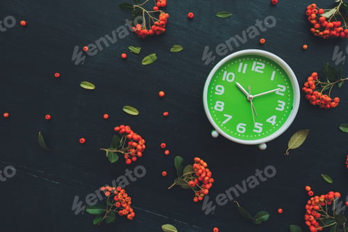 Preview: Plastic green clock on dark background, flat lay