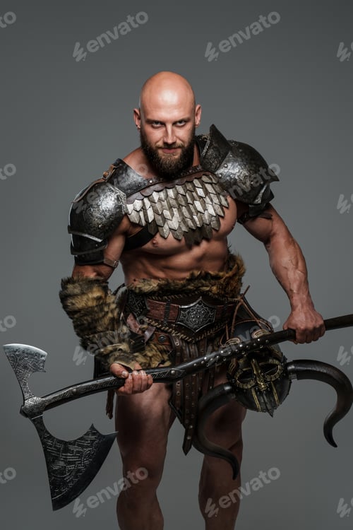 Preview: Bald bearded viking in lightweight fur-lined armor holding large two-handed axe