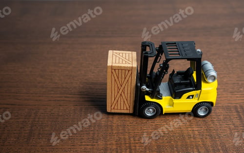 Preview: A forklift truck transports a wooden crate box.