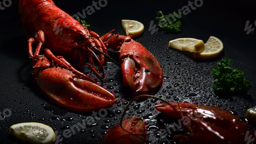Preview: Red lobster with lemon and parsley studio shot hight contrast dark mood.