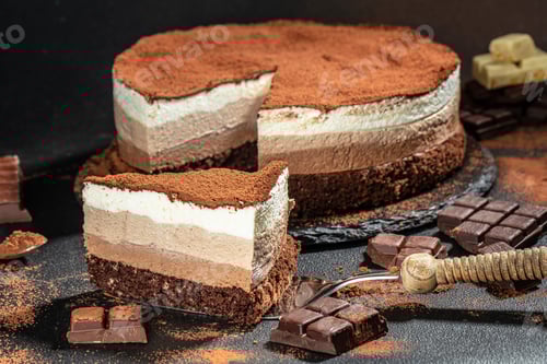 Preview: a piece of cake, three of chocolate on a dark background, place for text
