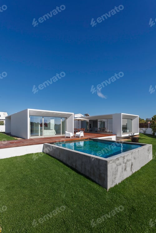 Preview: Modern house with garden swimming pool and wooden deck