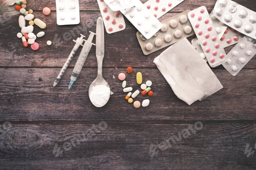 Preview: drug addiction concept with heroine packet and syringe on black backgrund