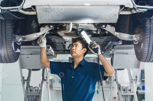 Preview: Closeup Asian mechanic hand repairing under the car in maintainance service center