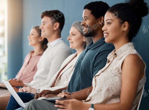Preview: Group of happy businesspeople sitting on chairs in a row in an office together. Business profession