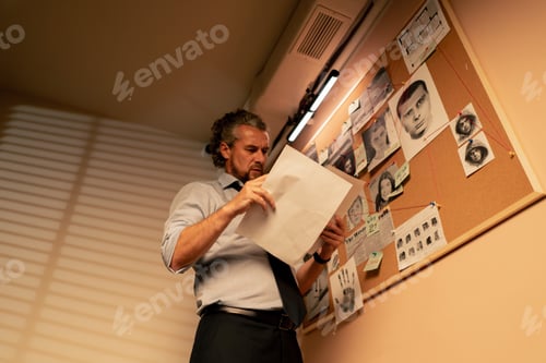 Preview: low shot detective office middle aged investigator in shirt and tie standing near clue board for