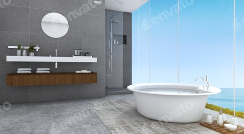 Preview: 3d rendering contemporary and loft style bathroom with nice sea view