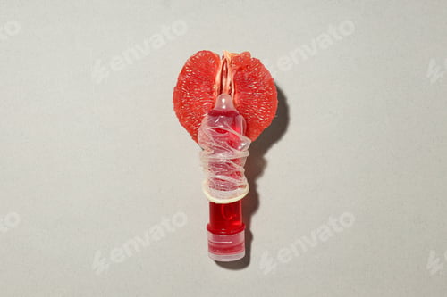 Preview: A condom on a bottle of lubricant next to a juicy cut grapefruit