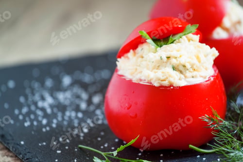 Preview: Tomatoes stuffed with cream cheese, selective focus