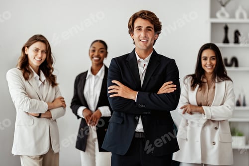 Preview: Successful business team. European businessman standing with folded arms in front of his employees