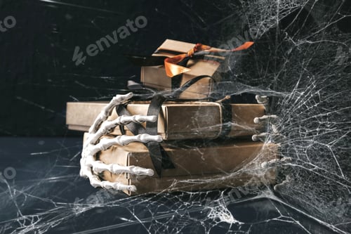 Preview: Halloween and waste-free production, eco-friendly gift wrapping in kraft paper on a dark table, eco-