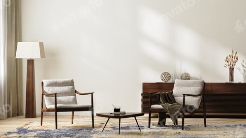 Preview: Bright modern living room interior in neutral colors with armchairs