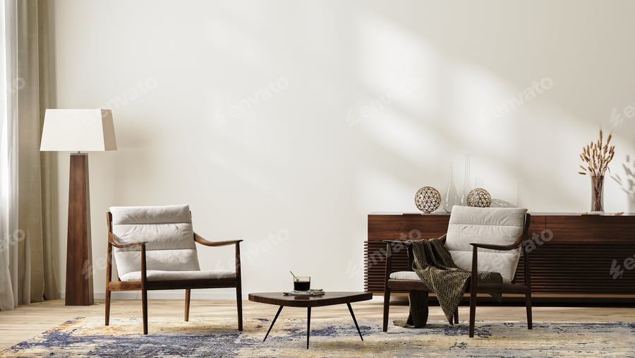 Cover for Bright modern living room interior in neutral colors with armchairs
