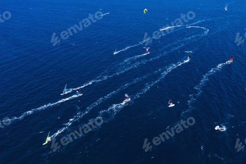 Preview: Aerial view on the windsurfers. Sea from air. Famous place in Croatia. Summer seascape from drone.