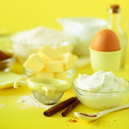 Preview: Holiday bakery background. Food frame - butter, sugar, flour, milk, eggs, oil, spoon, rolling pin