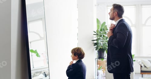 Preview: Father, child and help with tie for suit by mirror for event preparation, learning fashion or ready