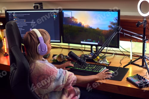 Preview: Rear View Of Woman Gaming At Home Eating Potato Chips Sitting At Desk With Monitors