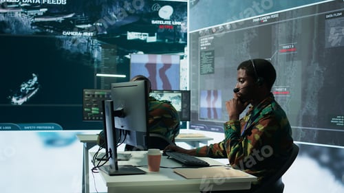 Preview: Army professional in uniform works in a mission control center