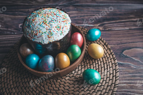 Preview: Still life Easter eggs and Easter cake on the table